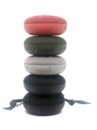 stack of 10tws speakers, red, green, grey, blue, black