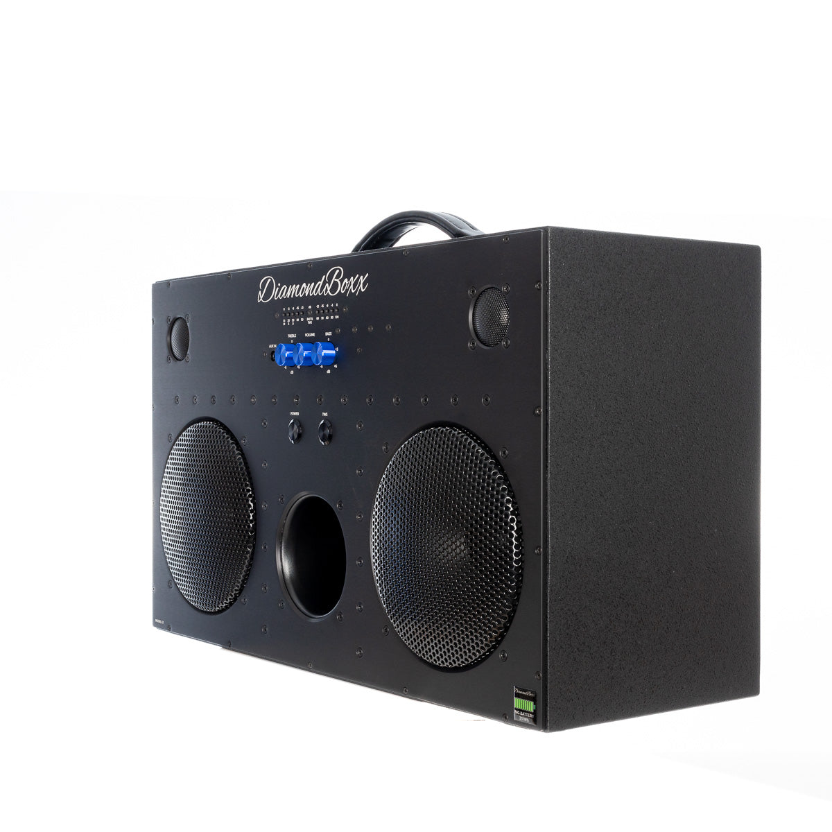 front angled view of L3 speaker black with blue knobs