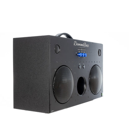 front angled view of L3 speaker black with blue knobs