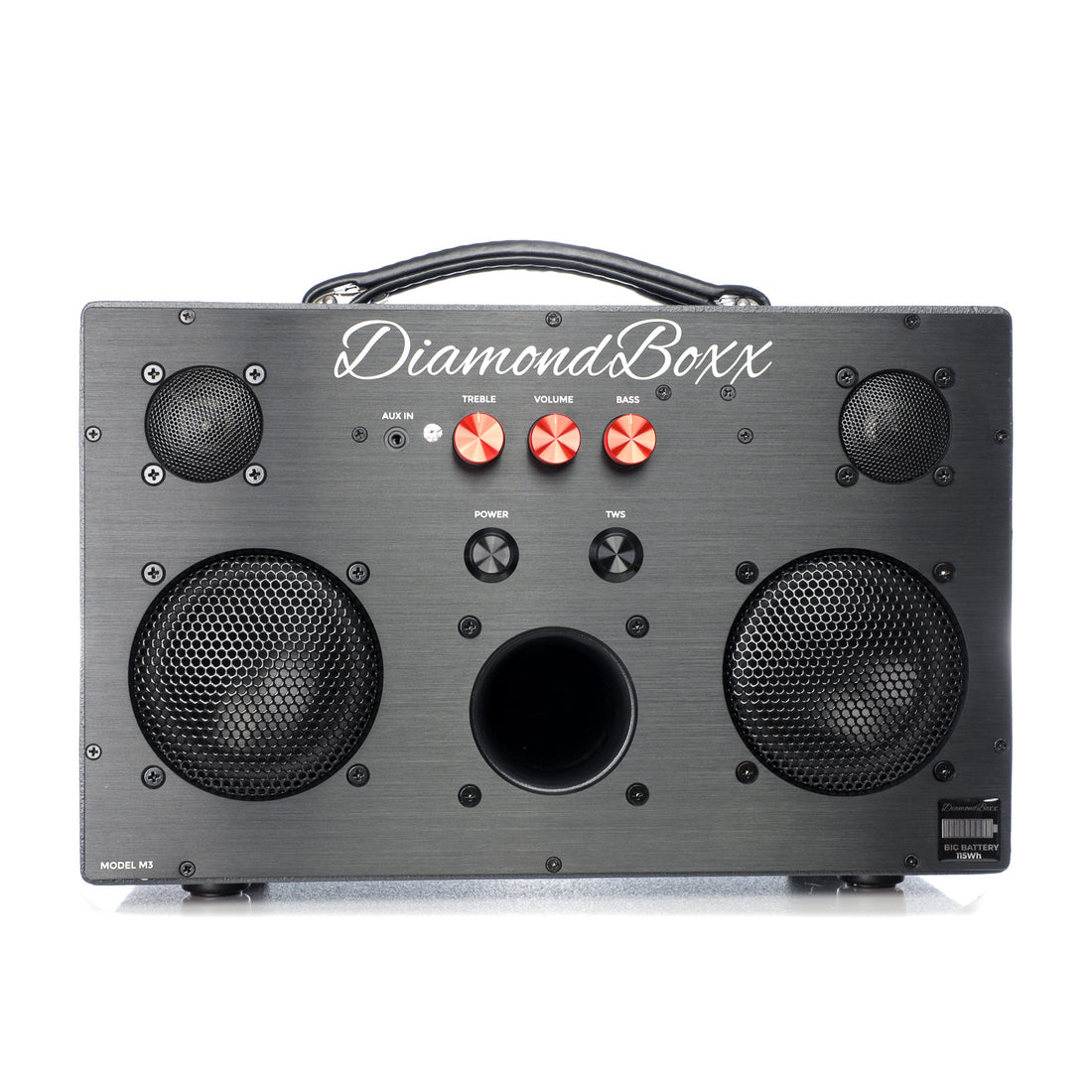 front view of black M3 speaker with red knobs