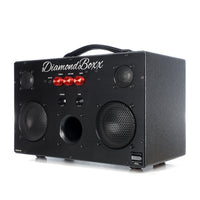 front angled view of black M3 speaker with red knobs